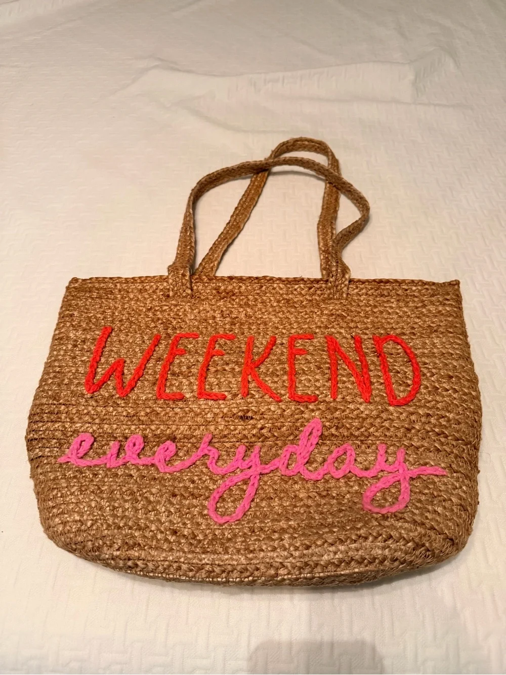 Mud Pie Natural Straw Tote with Pink & Coral Embroidery